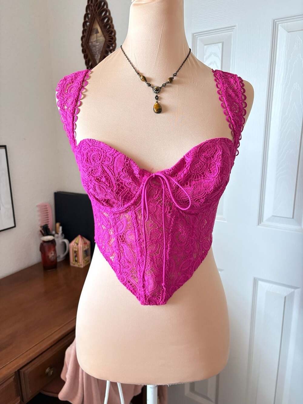 For Love & Lemons Sammie Sheer Lace Corset Crop Top Pink